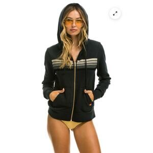 Aviator Nation - 5 Stripe Hoodie - Charcoal// Grey Stripes - Size Large